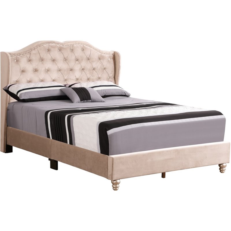 Glory Furniture Joy Velvet Upholstered Full Bed in Beige