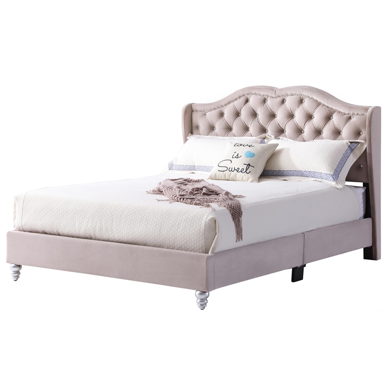 Glory Furniture Joy Velvet Upholstered Queen Bed in Beige