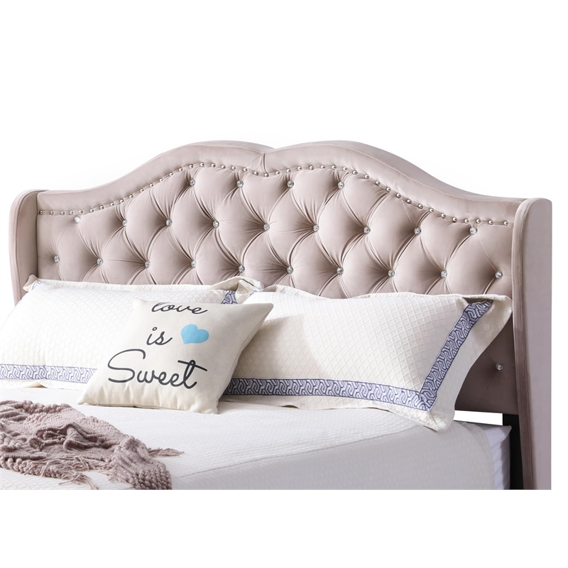 Glory Furniture Joy Velvet Upholstered Queen Bed in Beige