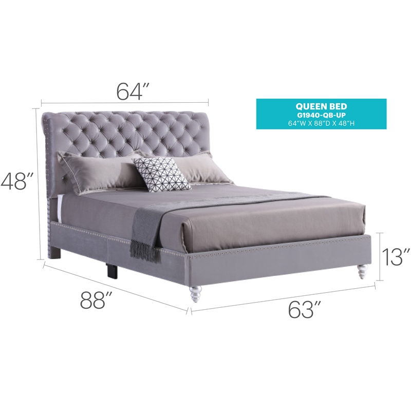Glory Furniture Maxx Velvet Upholstered Queen Bed in Gray