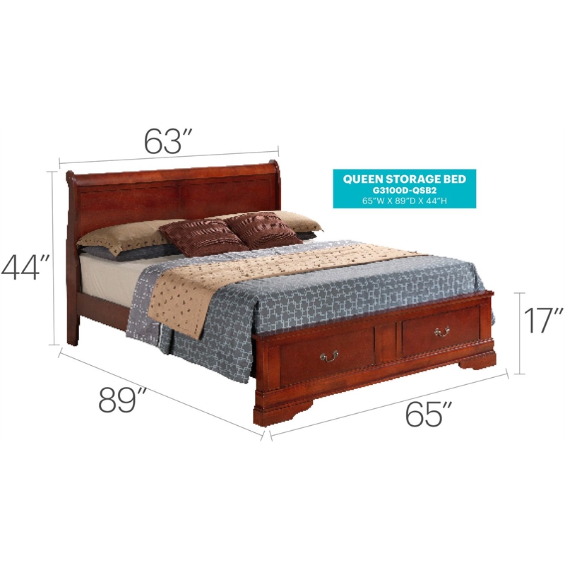 Glory Furniture Louis Phillipe Wood Veneer Queen Storage Bed in Cherry