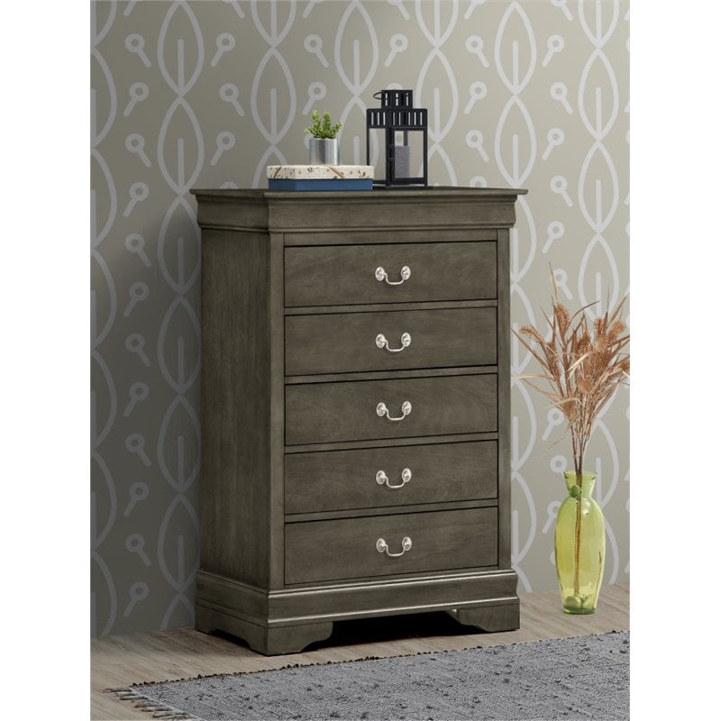 Glory Furniture Louis Phillipe 5-Drawers Bedroom Chest in Gray