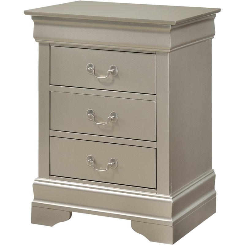 Glory Furniture Louis Phillipe 3 Drawer Nightstand in Silver Champagne