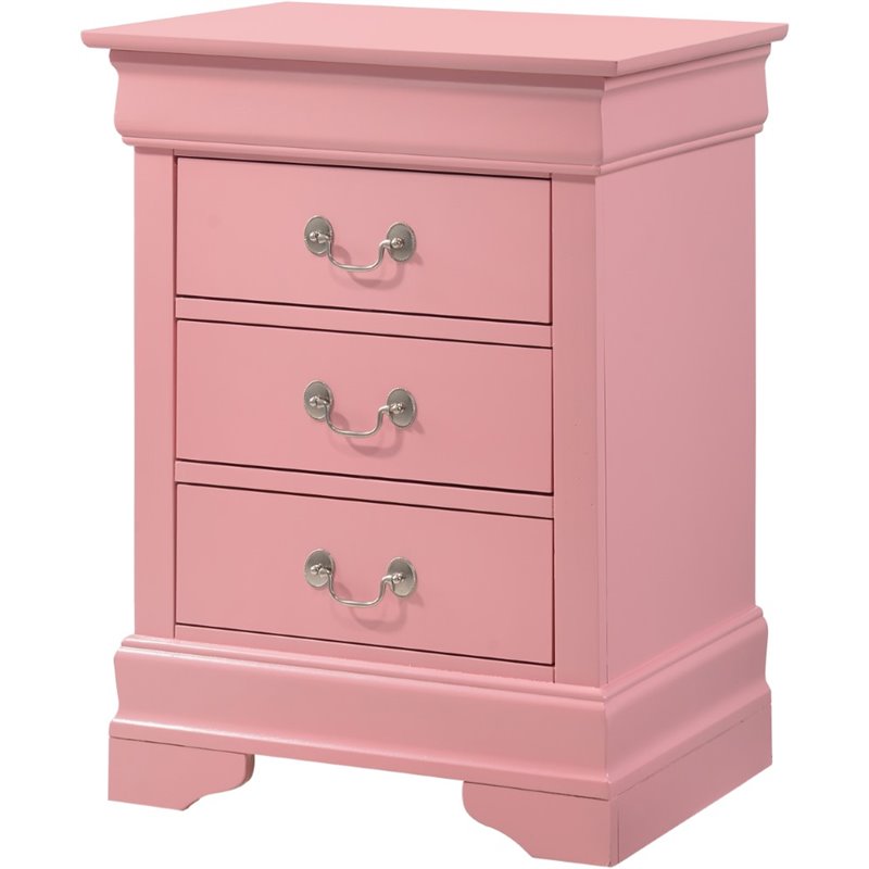 Glory Furniture Louis Phillipe 3 Drawer Nightstand in Pink