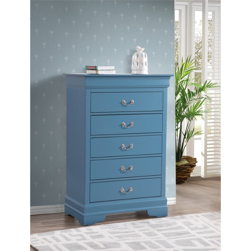 Glory Furniture Louis Phillipe 5-Drawers Bedroom Chest in Teal