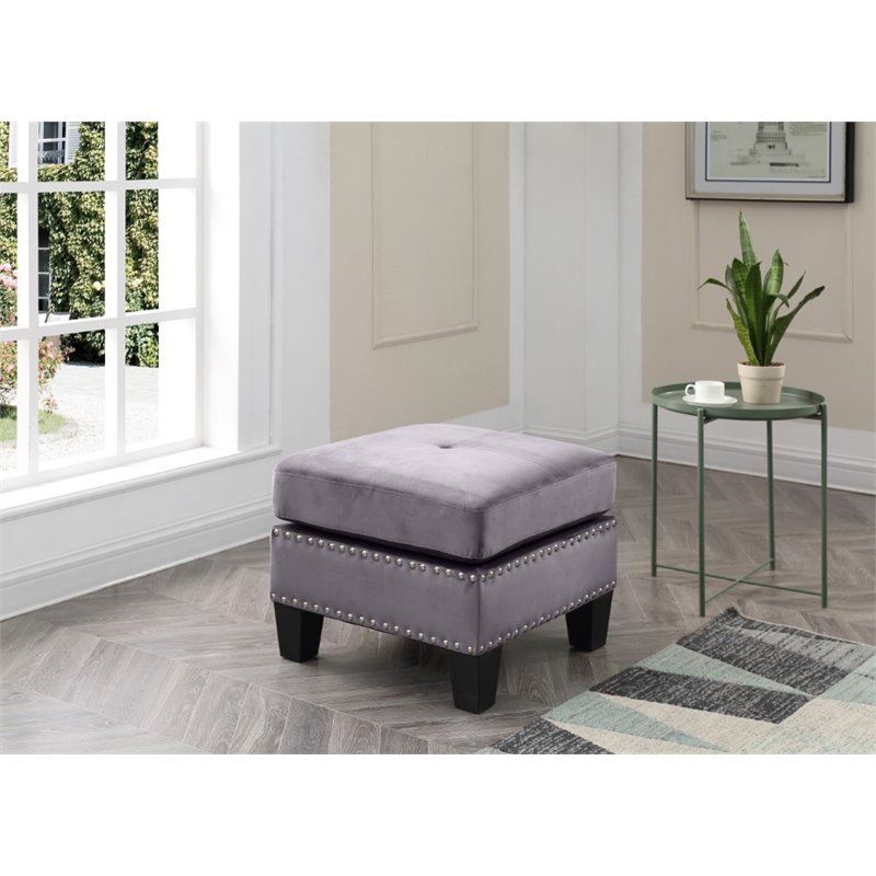 Glory Furniture Nailer Velvet Upholstered Ottoman in Gray