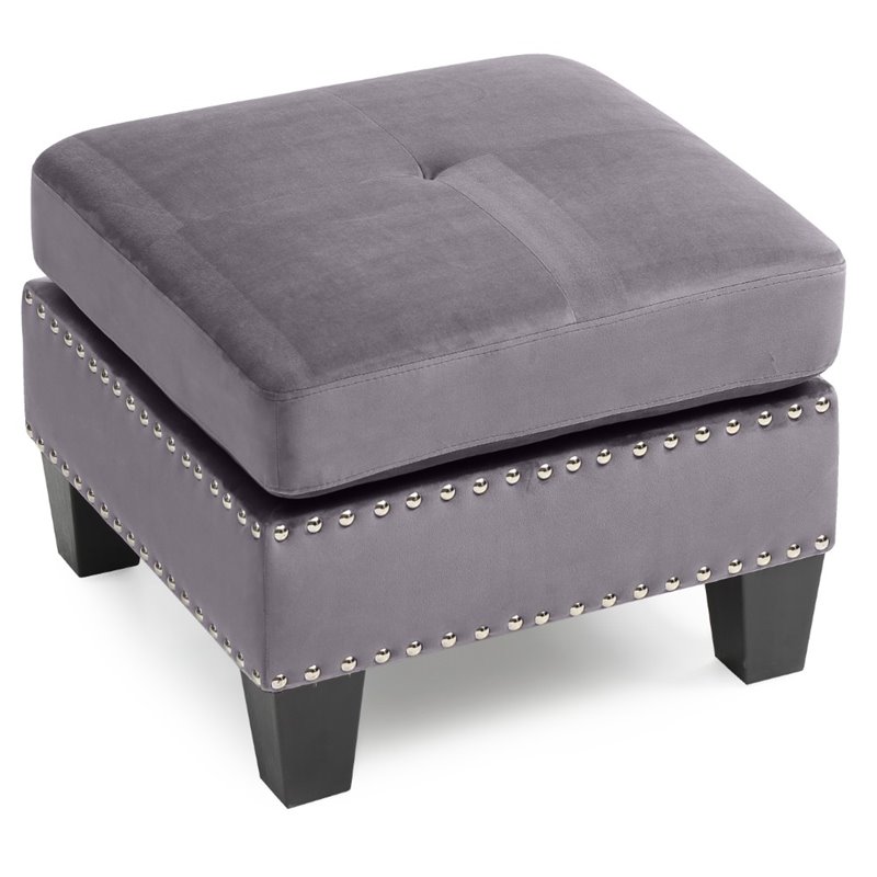 Glory Furniture Nailer Velvet Upholstered Ottoman in Gray