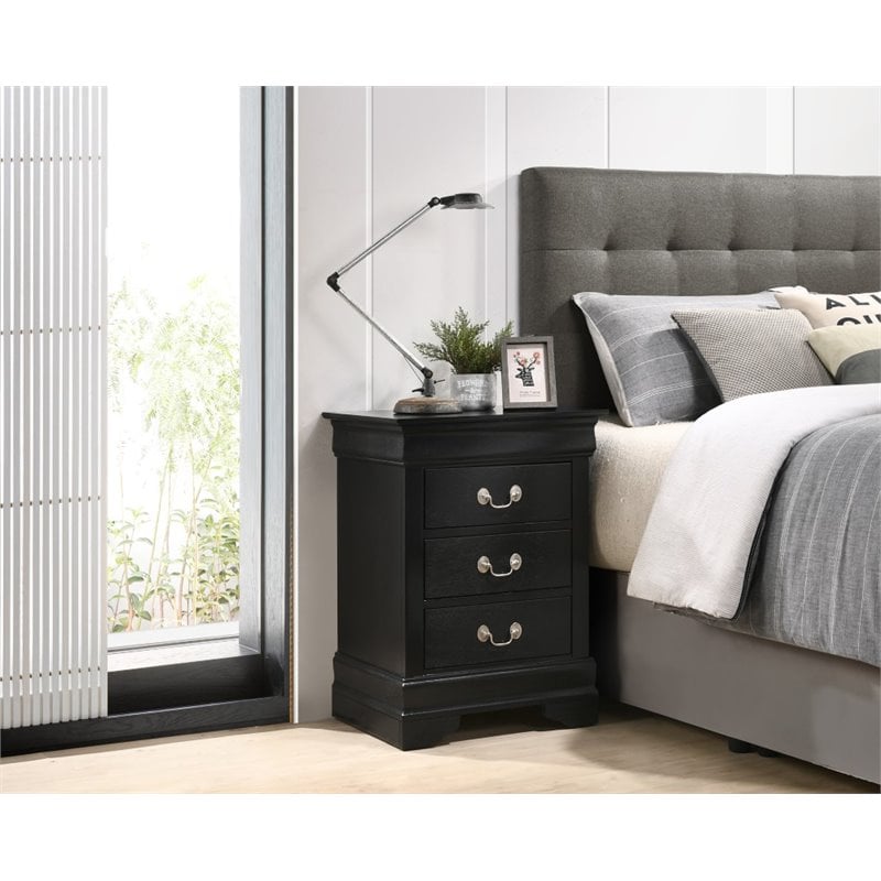 Glory Furniture Louis Phillipe 3 Drawer Nightstand in Black