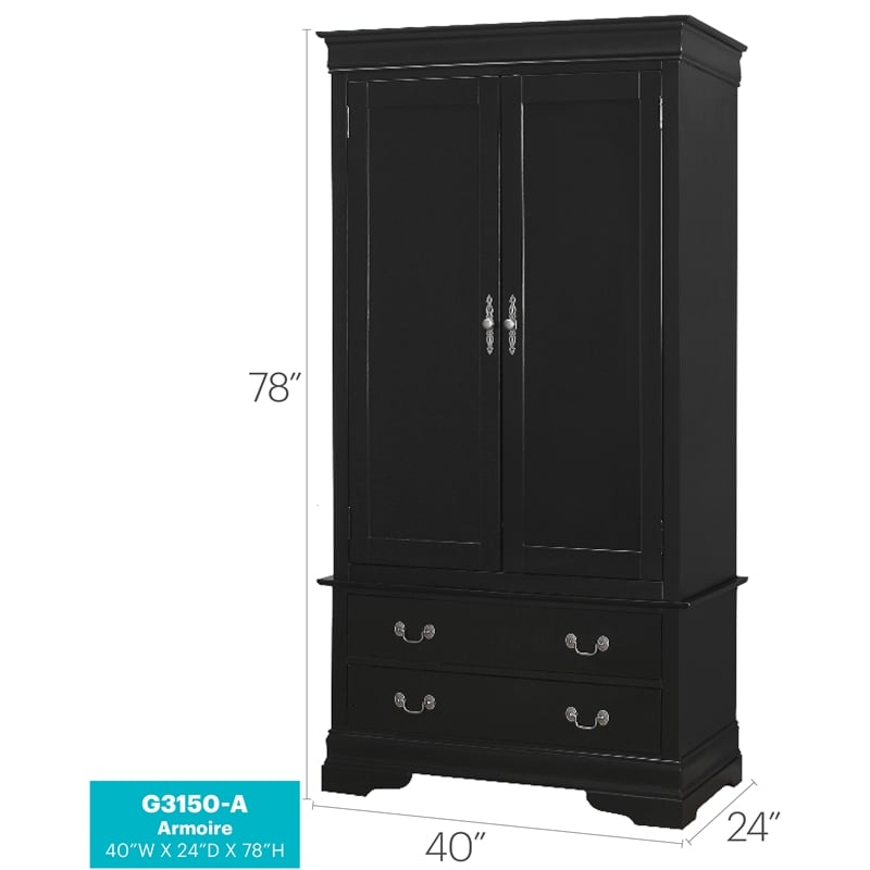 Glory Furniture Louis Phillipe 2 Drawer Armoire in Black