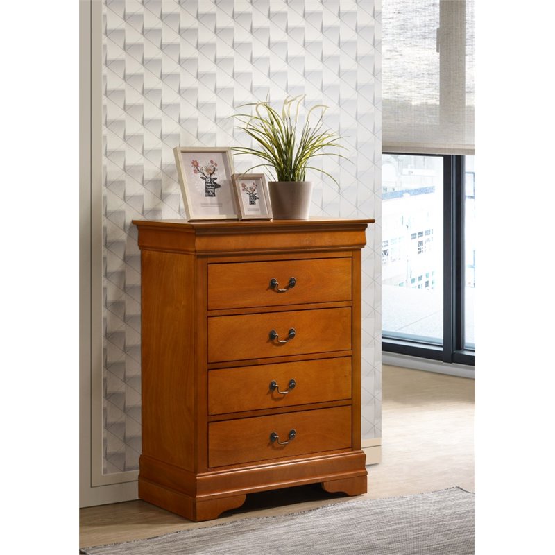 Glory Furniture Louis Phillipe Wood Veneer 4-Drawer Bedroom Chest in Oak