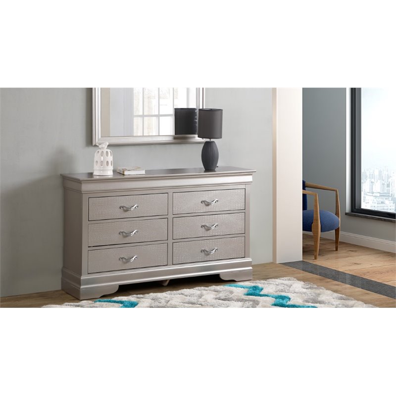 Glory Furniture Lorana 6-Drawers Bedroom Dresser in Silver Champagne