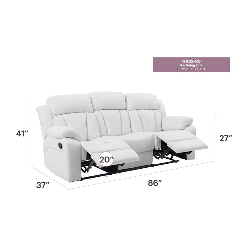 Glory Furniture Daria Faux Leather Upholstered Recliner Sofa in White