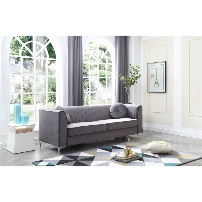 Glory Furniture Delray Velvet Upholstered Sofa in Gray/Chrome Legs