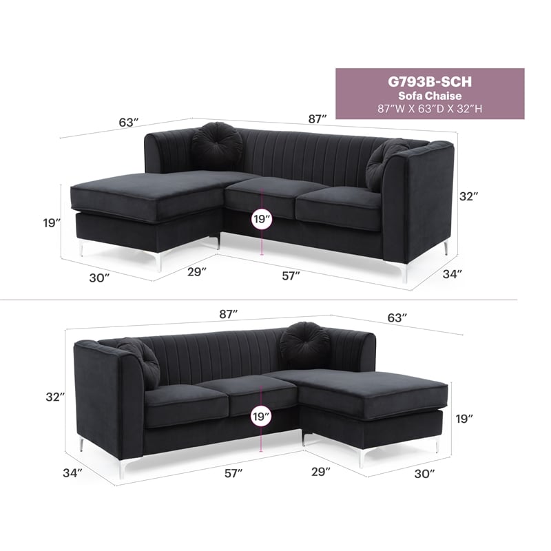 Glory Furniture Delray Velvet Sofa Chaise in Black