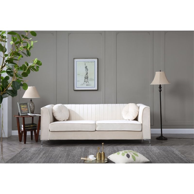 Glory Furniture Delray Velvet Upholstered Sofa in Ivory/Chrome Legs