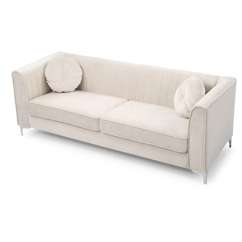 Glory Furniture Delray Velvet Upholstered Sofa in Ivory/Chrome Legs