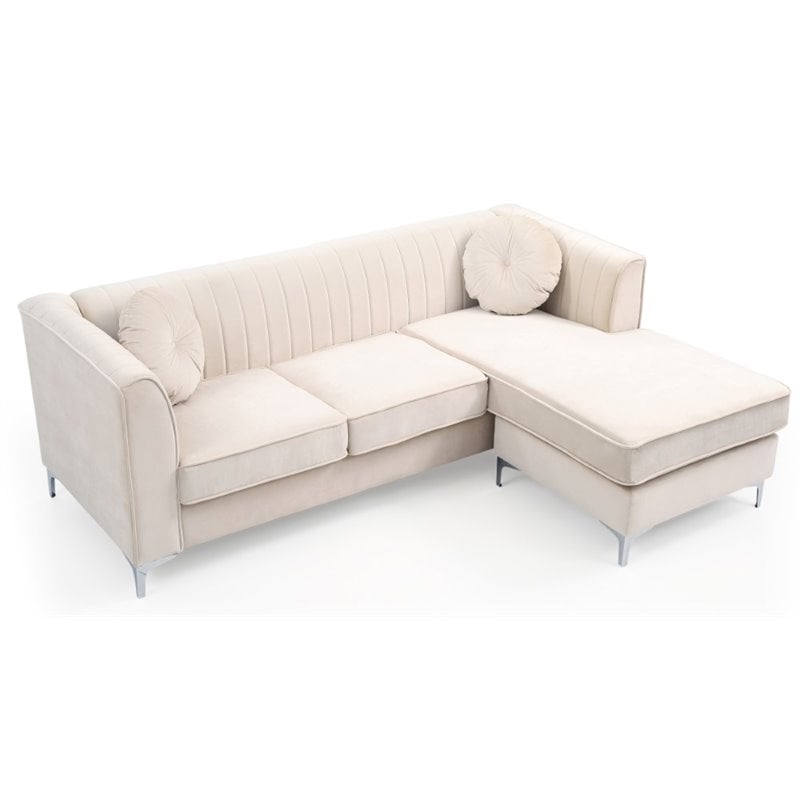 Glory Furniture Delray Velvet Sofa Chaise in Ivory
