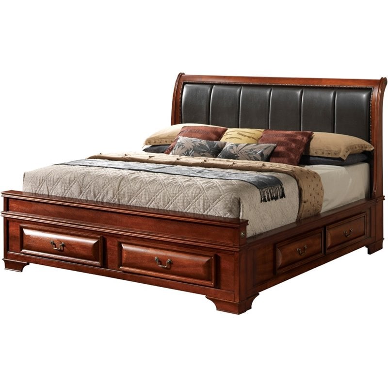 Glory Furniture LaVita King Storage Bed w/Faux Leather Headboard in Oak
