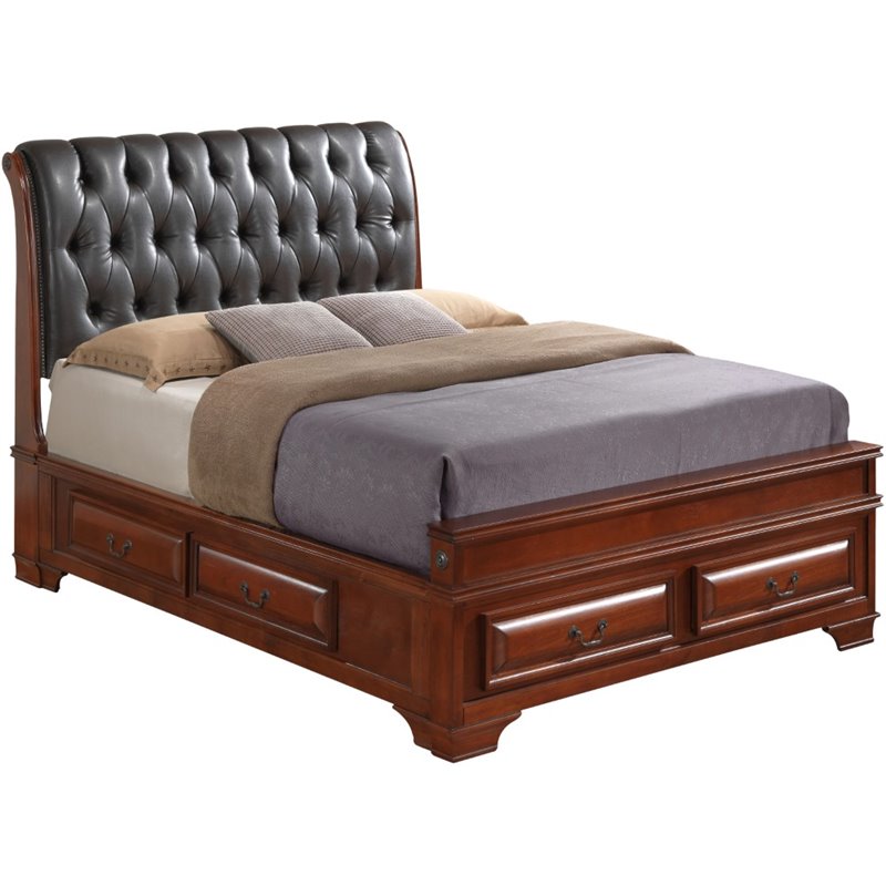 Glory Furniture LaVita Queen Storage Bed w/Faux Leather Headboard in Oak