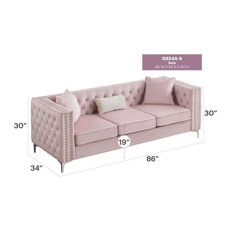 Glory Furniture Paige Velvet Sofa in Pink