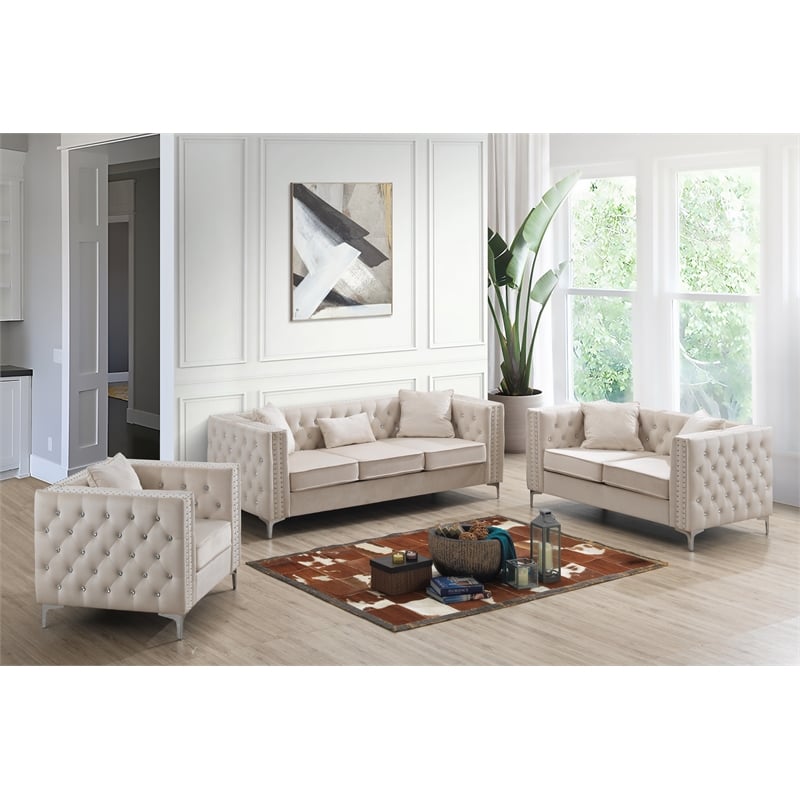 Glory Furniture Paige Velvet Sofa in Ivory