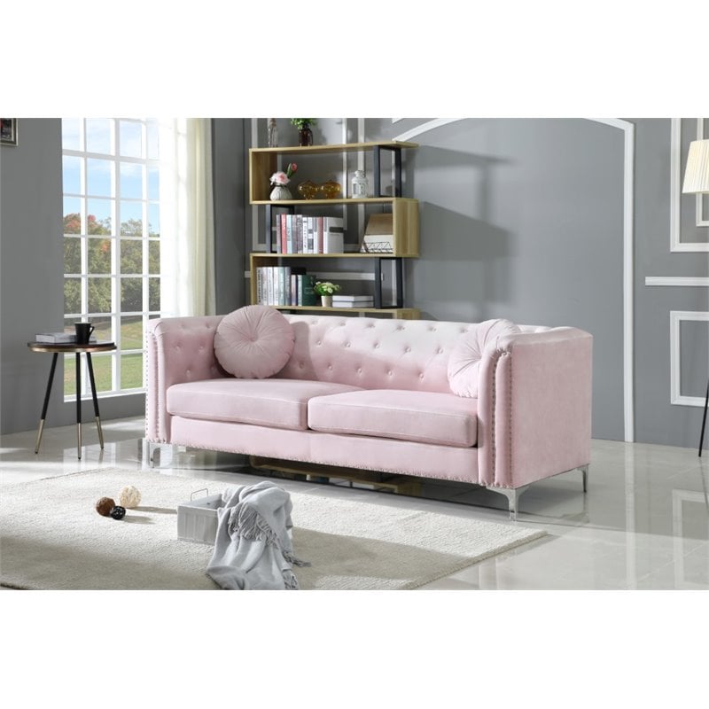 Glory Furniture Pompano Velvet Upholstered Sofa in Pink
