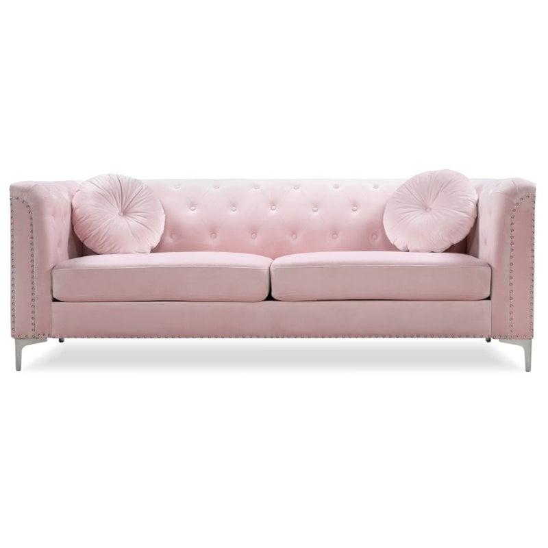 Glory Furniture Pompano Velvet Upholstered Sofa in Pink