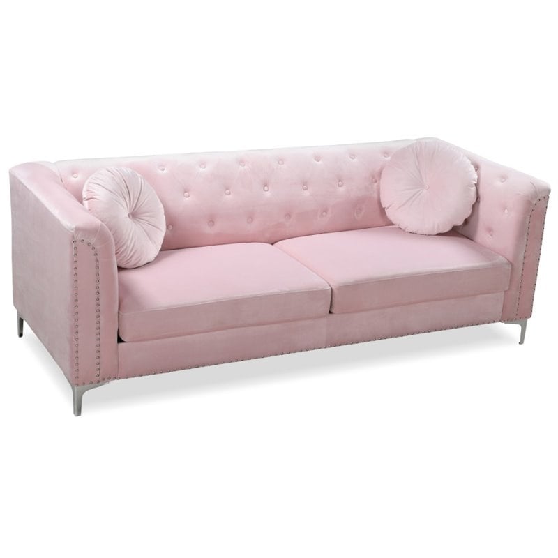 Glory Furniture Pompano Velvet Upholstered Sofa in Pink