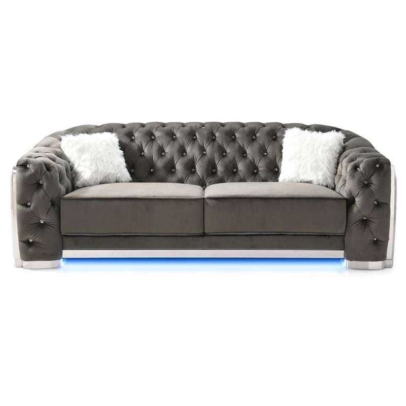 Glory Sapphire Gray Velvet Sofa With LED Accent Lighting