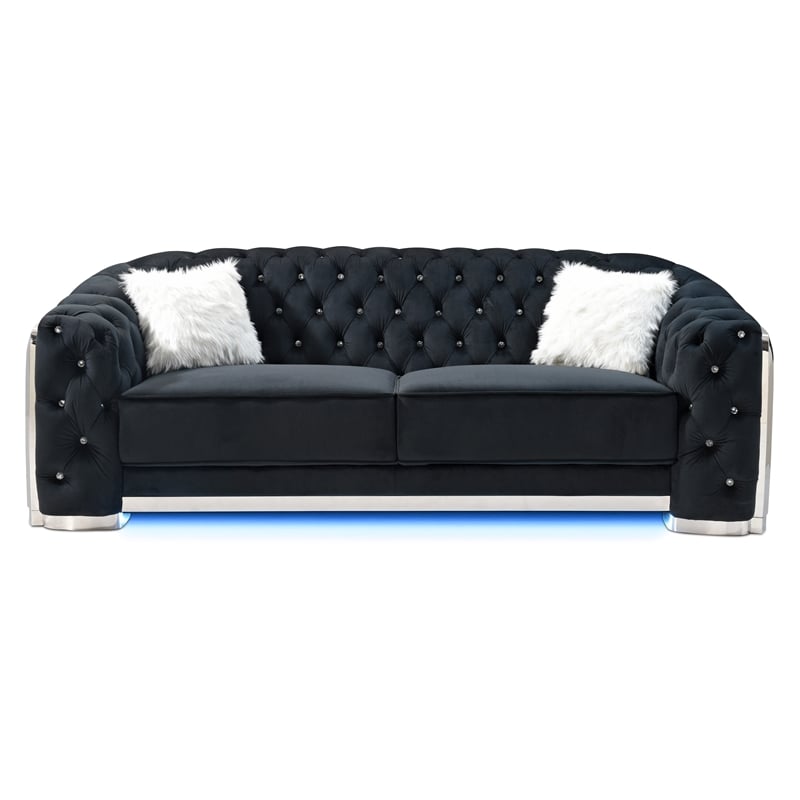 Glory Sapphire Black Velvet Sofa With LED Accent Lighting