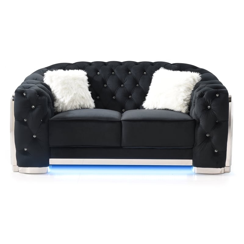 Glory Sapphire Black Velvet Loveseat With LED Accent Lighting
