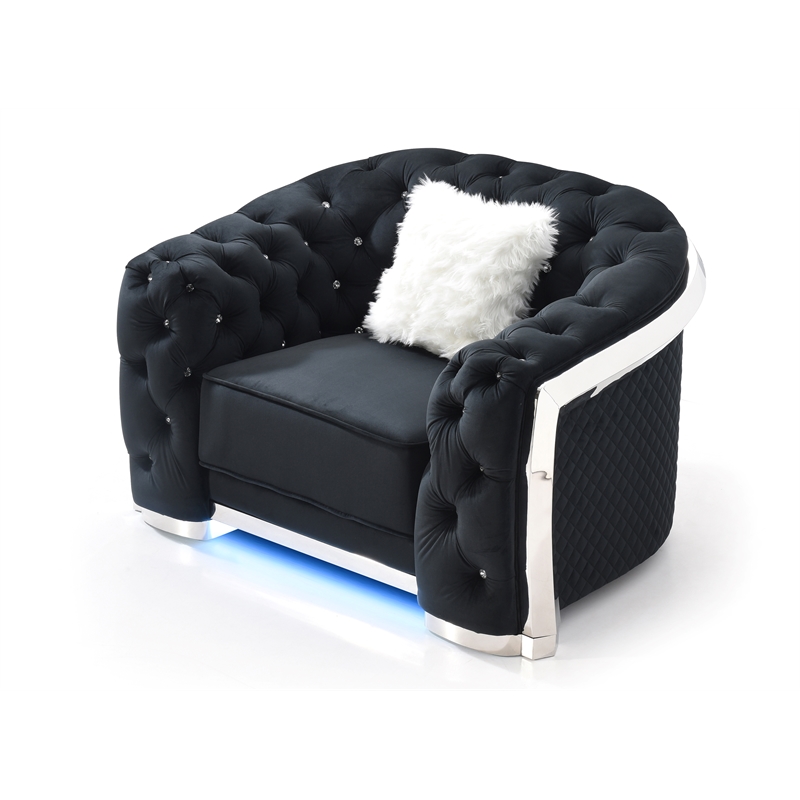 Glory Sapphire Velvet Upholstered Chair w/LED Accent Lighting in Black
