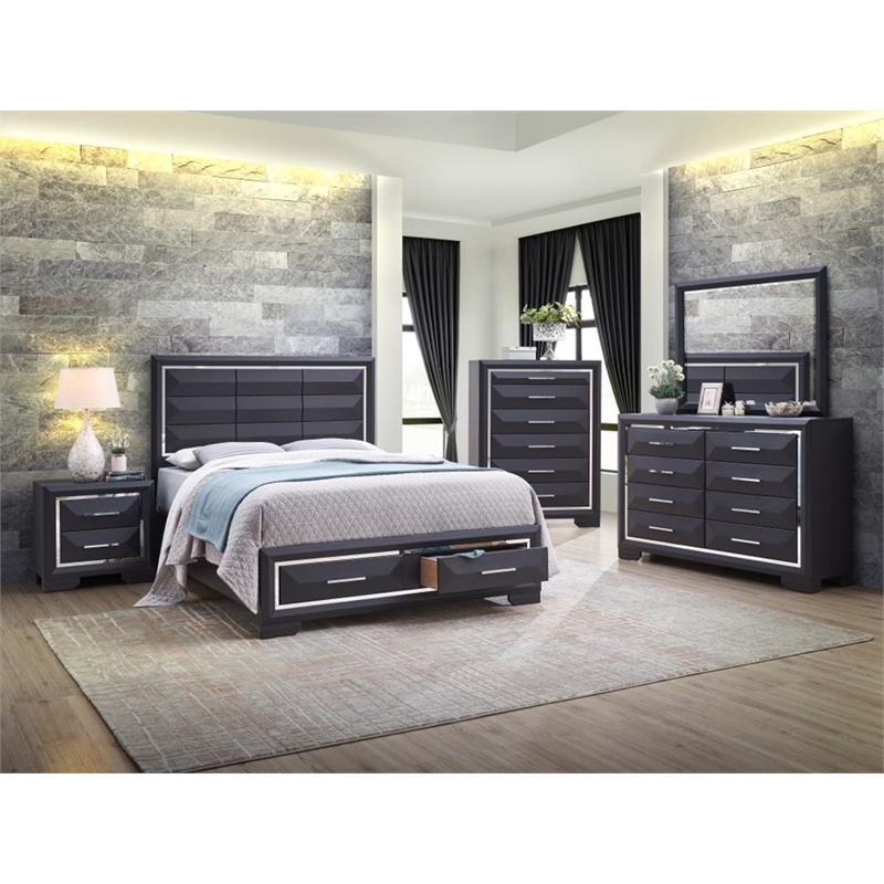 Glory Furniture Liverpool Contemporary Wood Veneer Queen Storage Bed in Black