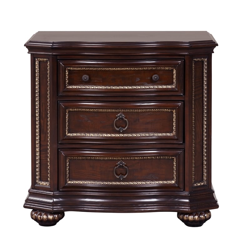 Glory Furniture Paris 3-Drawer Traditional Wood Nightstand in Cherry
