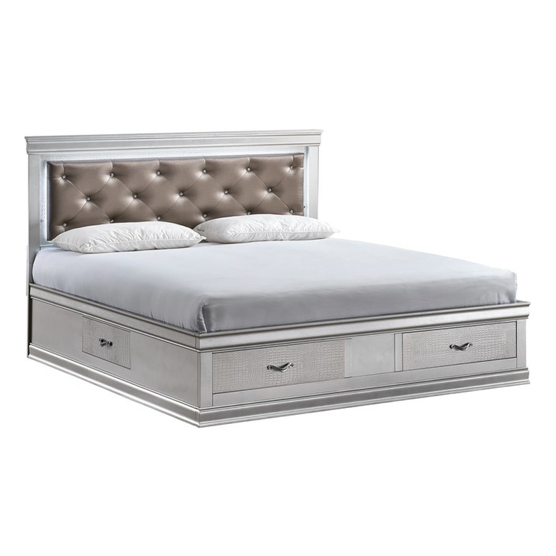 Glory Furniture Lorana Faux Leather Queen Storage Bed in Silver Champagne