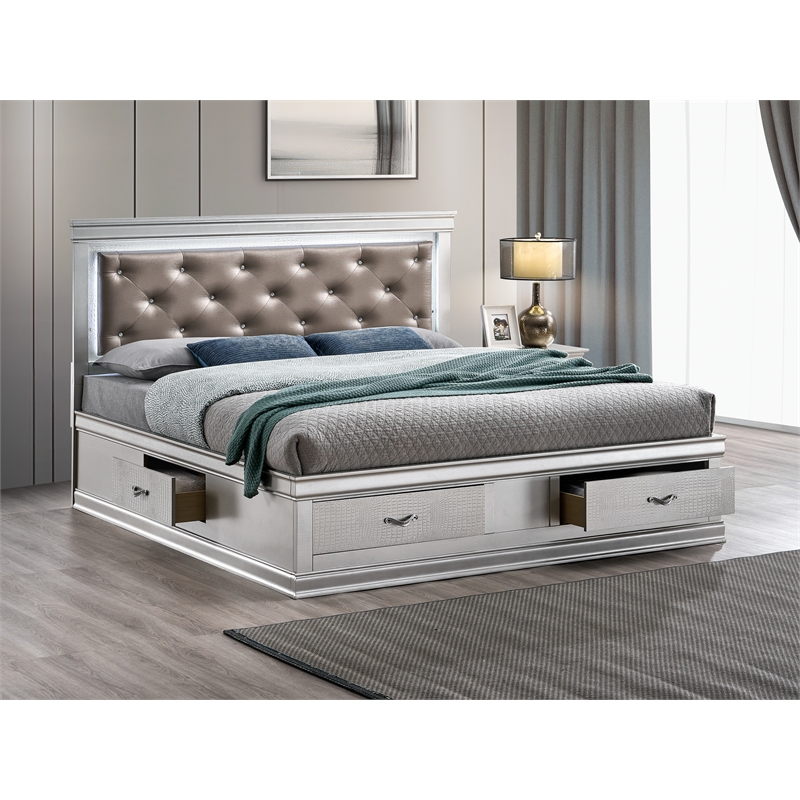 Glory Furniture Lorana Faux Leather Queen Storage Bed in Silver Champagne
