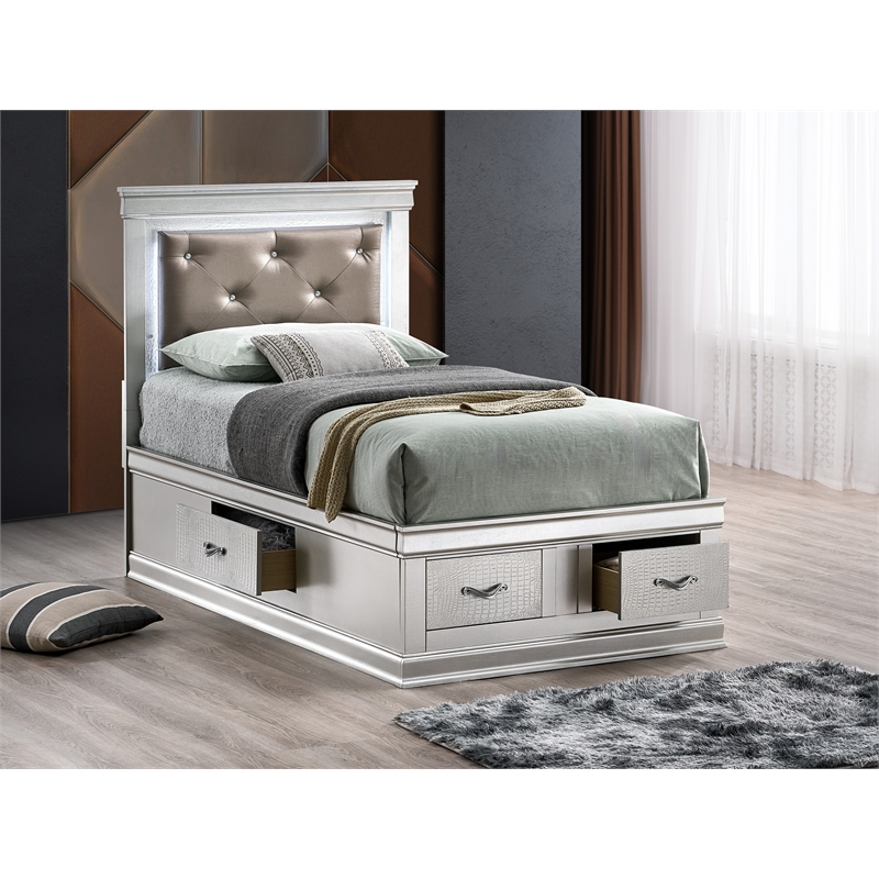 Glory Furniture Lorana Faux Leather Twin Storage Bed in Silver Champagne