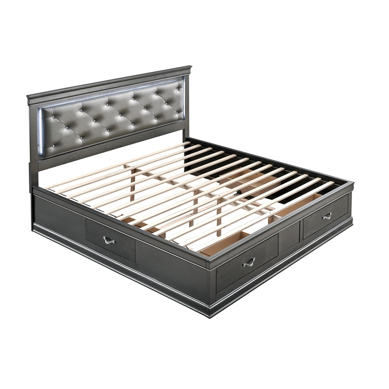 Glory Furniture Lorana Faux Leather Upholstered King Storage Bed Gunmetal Gray