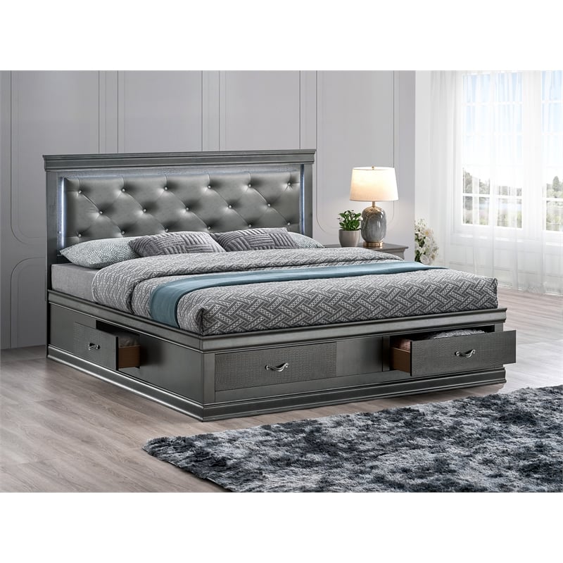 Glory Furniture Lorana Faux Leather Upholstered Queen Storage Bed Gunmetal Gray