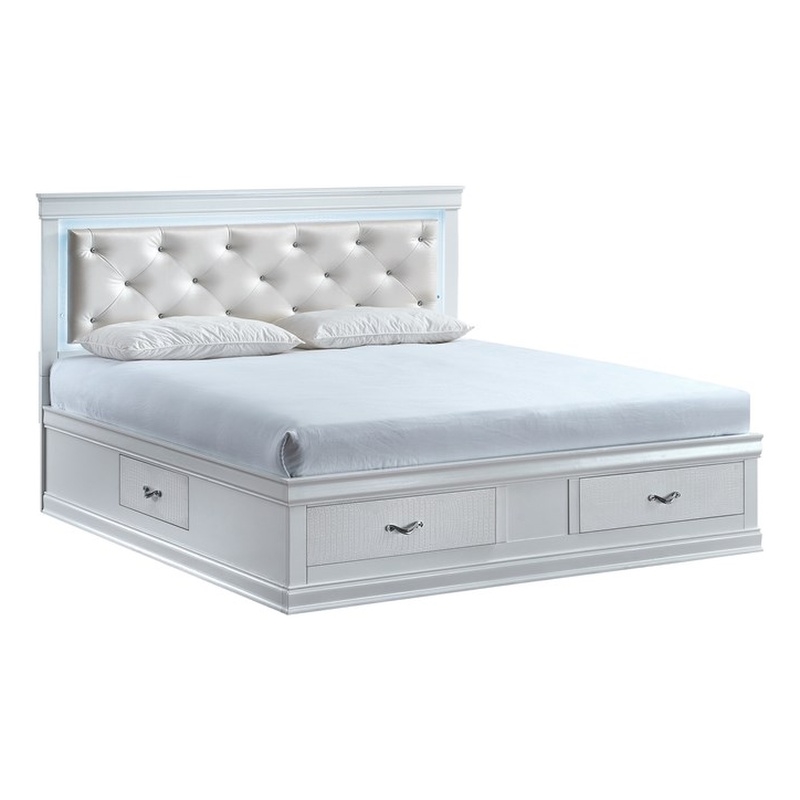 Glory Furniture Lorana Faux Leather Upholstered King Storage Bed Sparkling White