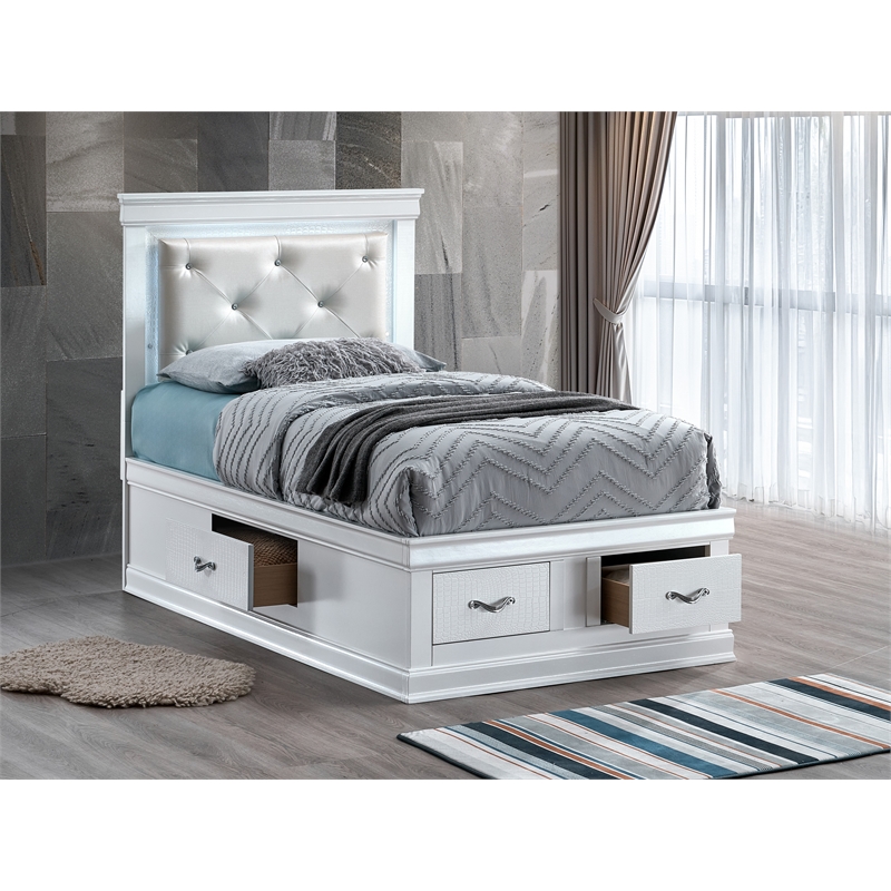 Glory Furniture Lorana Faux Leather Upholstered Twin Storage Bed Sparkling White