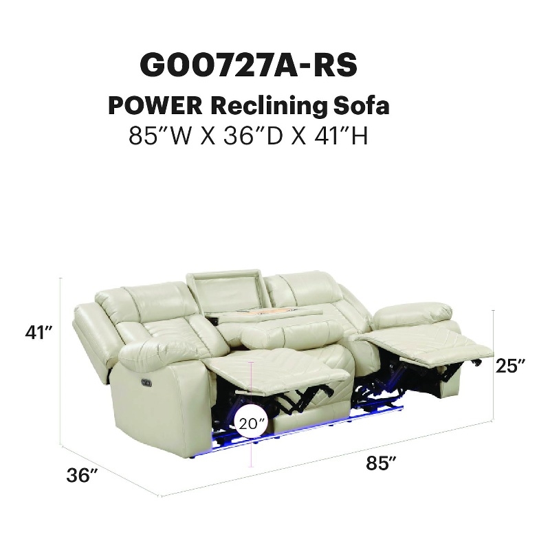 Glory Furniture Sensa G00727A-RS Power Reclining Sofa W/Table W/Led Belt Beige Faux Leather