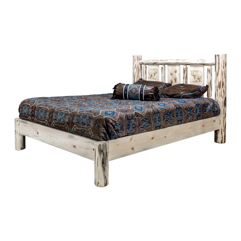 Montana Woodworks Wood Full Platform Bed with Engraved Pine Tree in Natural