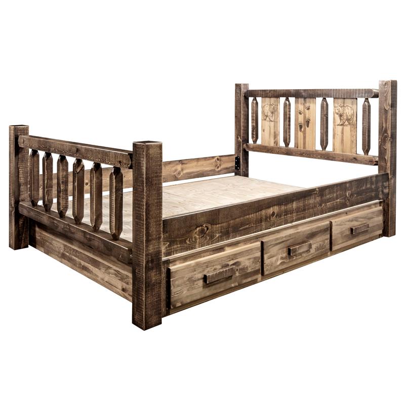 Montana Woodworks Homestead Wood Twin Storage Bed with Bear Design in Brown