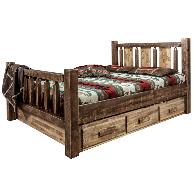 Montana Woodworks Homestead Wood Twin Storage Bed with Wolf Design in Brown