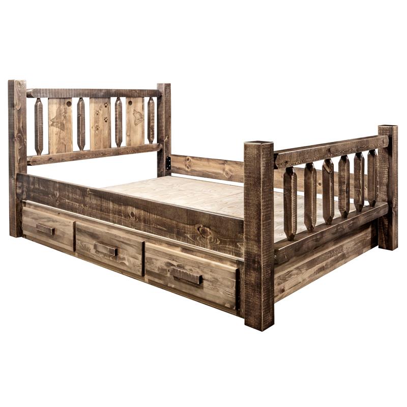 Montana Woodworks Homestead Wood Twin Storage Bed with Wolf Design in Brown