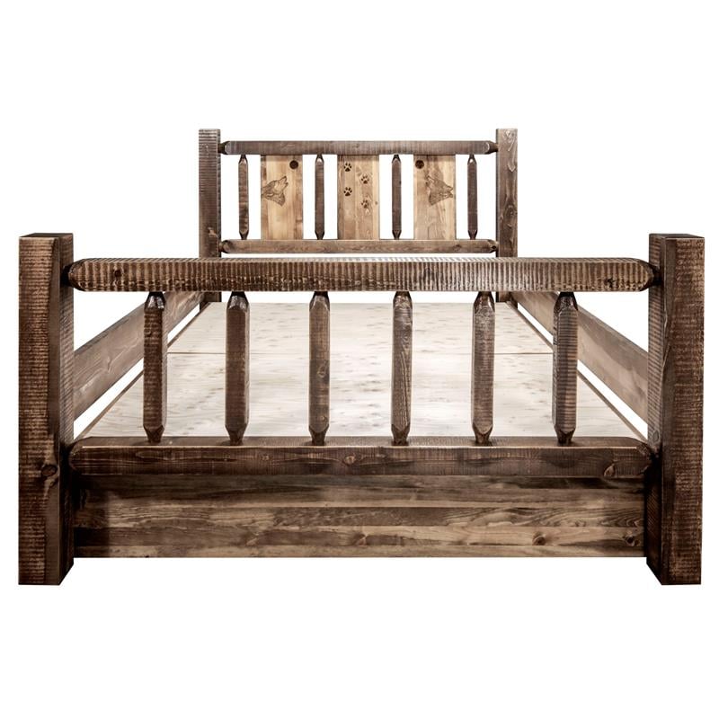 Montana Woodworks Homestead Wood Twin Storage Bed with Wolf Design in Brown