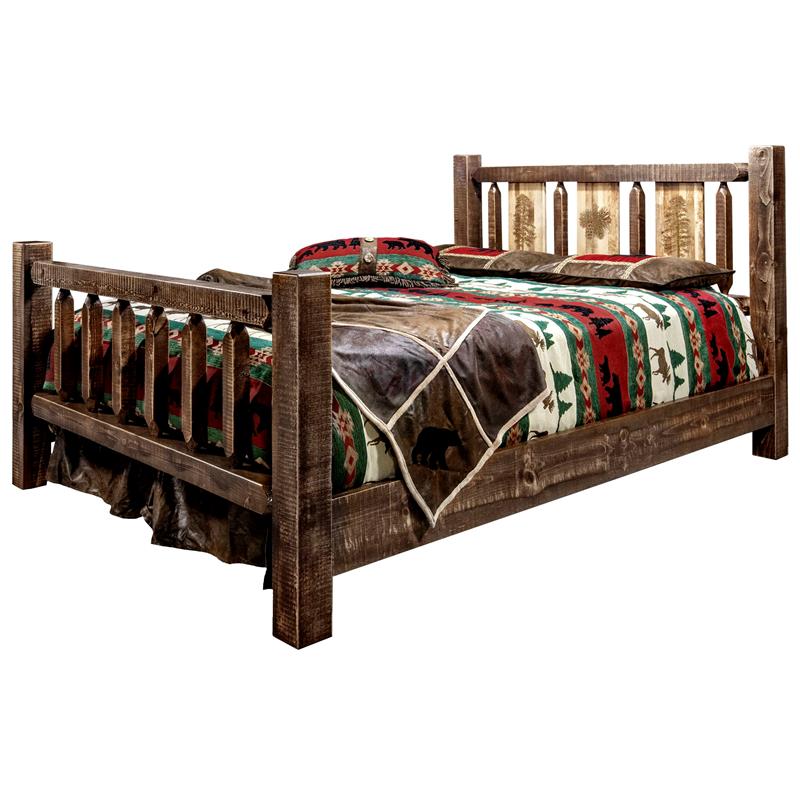 Montana Woodworks Homestead Wood Full Bed with Pine Tree Design in Brown