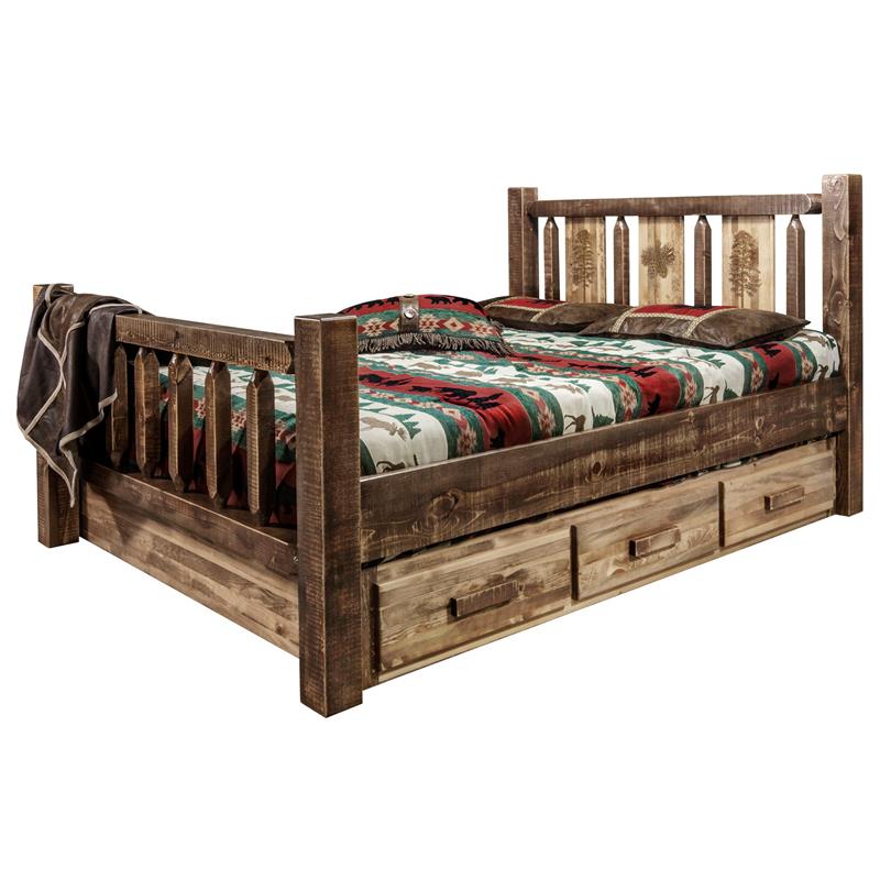 Montana Woodworks Homestead Wood King Storage Bed with Pine Design in Brown