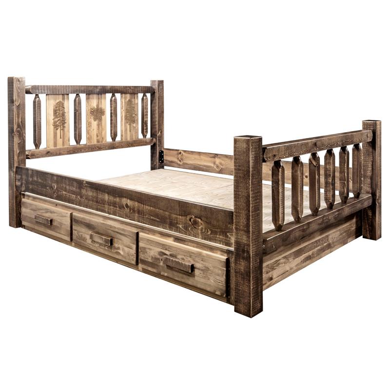 Montana Woodworks Homestead Wood King Storage Bed with Pine Design in Brown